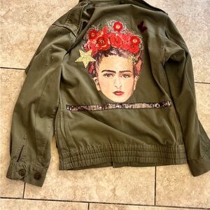 Embroidered Frida Kahlo Olive Utility Jacket
